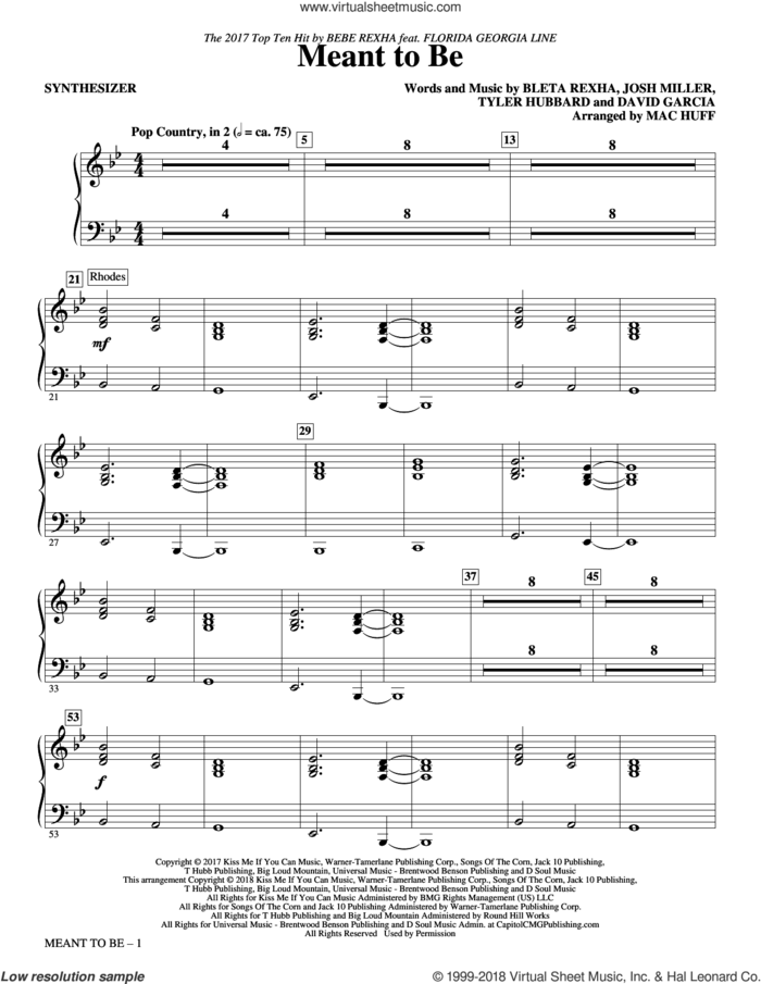 Meant to Be (Feat. Florida Georgia Line) (arr. Mac Huff) sheet music for orchestra/band (synthesizer) by Bebe Rexha, Mac Huff, Florida Georgia Line, David Garcia, Josh Miller and Tyler Hubbard, intermediate skill level