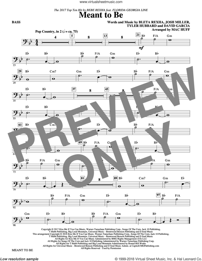 Meant to Be (Feat. Florida Georgia Line) (arr. Mac Huff) sheet music for orchestra/band (bass) by Bebe Rexha, Mac Huff, Florida Georgia Line, David Garcia, Josh Miller and Tyler Hubbard, intermediate skill level
