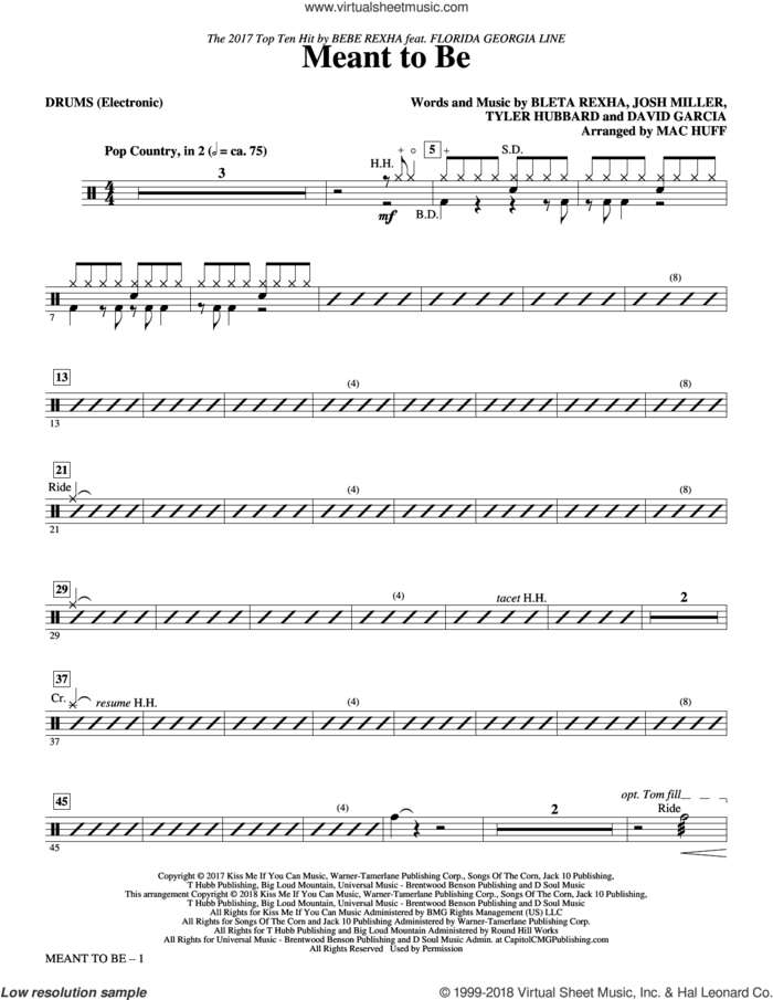 Meant to Be (Feat. Florida Georgia Line) (arr. Mac Huff) sheet music for orchestra/band (drums) by Bebe Rexha, Mac Huff, Florida Georgia Line, David Garcia, Josh Miller and Tyler Hubbard, intermediate skill level