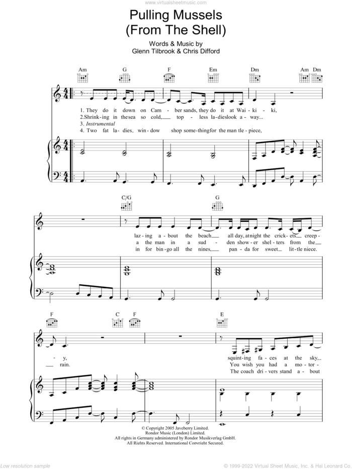 Pulling Mussels sheet music for voice, piano or guitar by Squeeze, Chris Difford and Glenn Tilbrook, intermediate skill level
