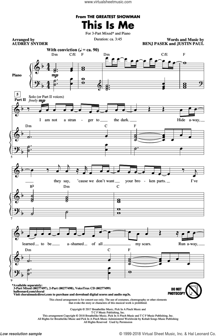 This Is Me (from The Greatest Showman) (arr. Audrey Snyder) sheet music for choir (3-Part Mixed) by Pasek & Paul, Audrey Snyder, Benj Pasek and Justin Paul, intermediate skill level