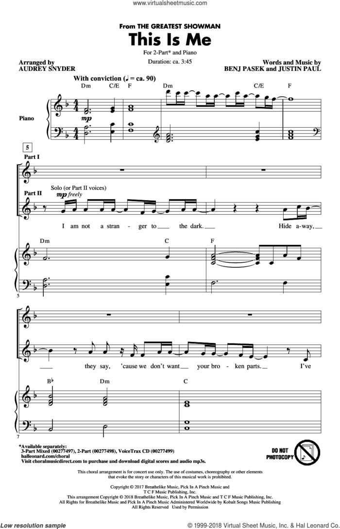This Is Me (from The Greatest Showman) (arr. Audrey Snyder) sheet music for choir (2-Part) by Pasek & Paul, Audrey Snyder, Benj Pasek and Justin Paul, intermediate duet