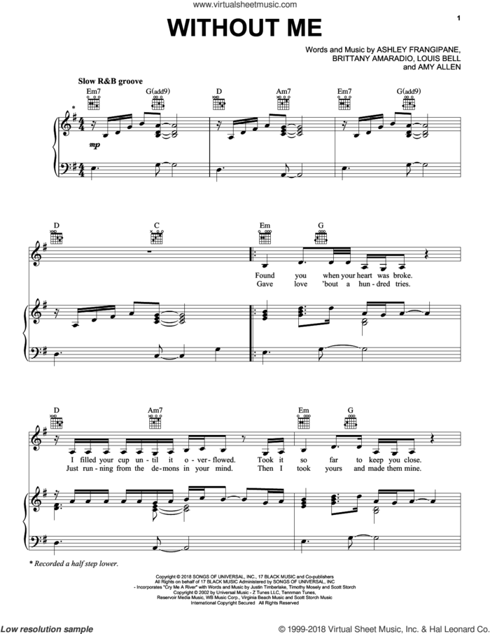 Without Me sheet music for voice, piano or guitar by Halsey, Amy Allen, Ashley Frangipane, Brittany Amaradio, Justin Timberlake, Louis Bell, Scott Storch and Timothy Mosely, intermediate skill level
