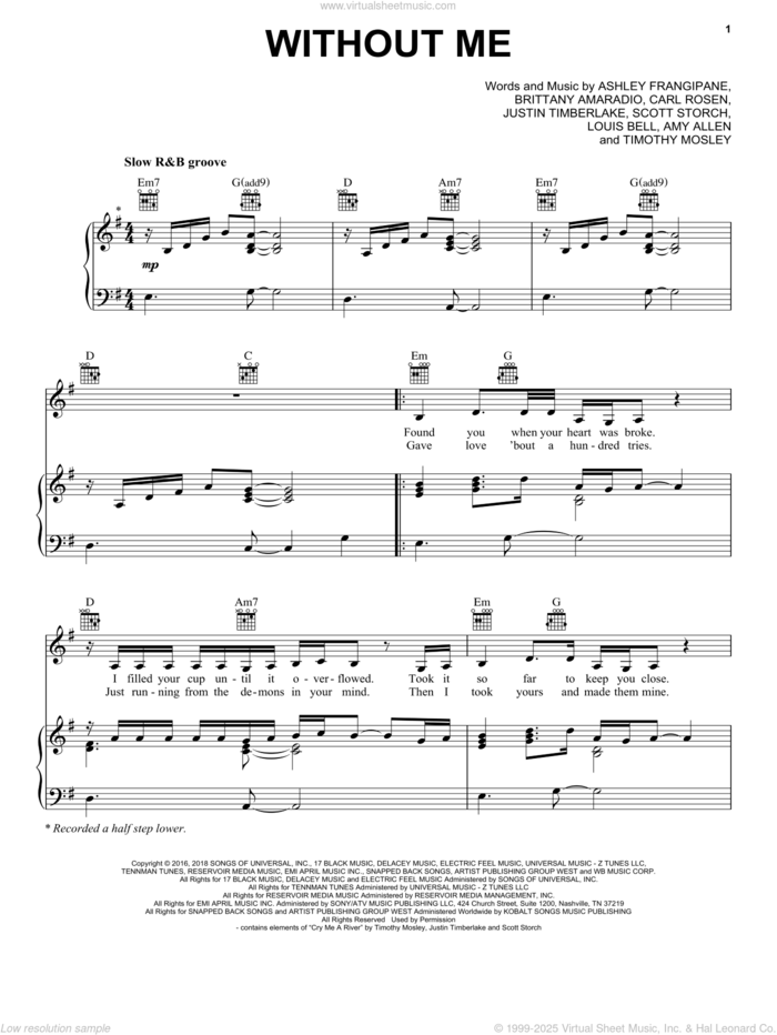 Without Me sheet music for voice, piano or guitar by Halsey, Amy Allen, Ashley Frangipane, Brittany Amaradio, Justin Timberlake, Louis Bell, Scott Storch and Timothy Mosely, intermediate skill level