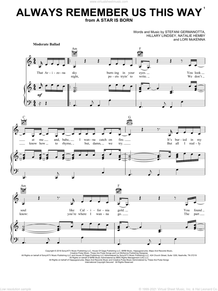 Always Remember Us This Way (from A Star Is Born) sheet music for voice, piano or guitar by Lady Gaga, Hillary Lindsey, Lori McKenna and Natalie Hemby, intermediate skill level