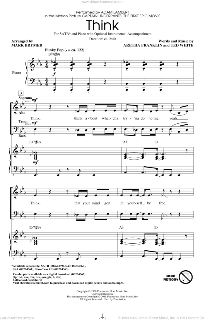 Think (from Captain Underpants: The First Epic Movie) (Arr. Mark Brymer) sheet music for choir (SATB: soprano, alto, tenor, bass) by Adam Lambert, Mark Brymer, Aretha Franklin and Ted White, intermediate skill level