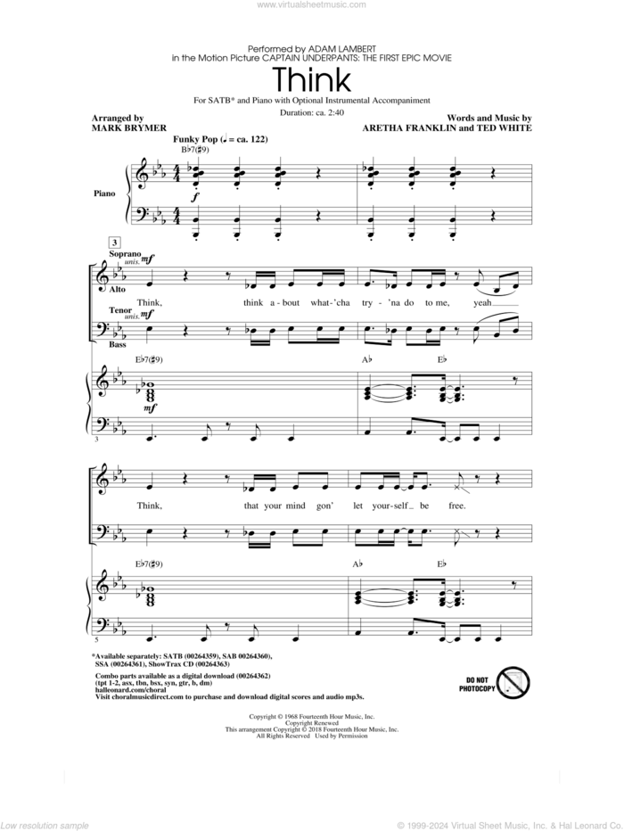 Think (from Captain Underpants: The First Epic Movie) (Arr. Mark Brymer) sheet music for choir (SATB: soprano, alto, tenor, bass) by Adam Lambert, Mark Brymer, Aretha Franklin and Ted White, intermediate skill level