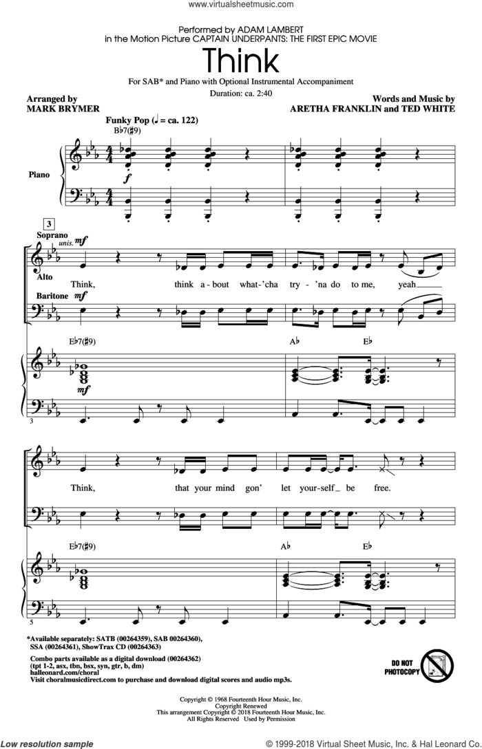 Think (from Captain Underpants: The First Epic Movie) (Arr. Mark Brymer) sheet music for choir (SAB: soprano, alto, bass) by Adam Lambert, Mark Brymer, Aretha Franklin and Ted White, intermediate skill level