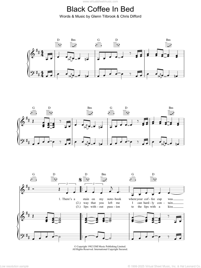 Black Coffee In Bed sheet music for voice, piano or guitar by Squeeze, Chris Difford and Glenn Tilbrook, intermediate skill level