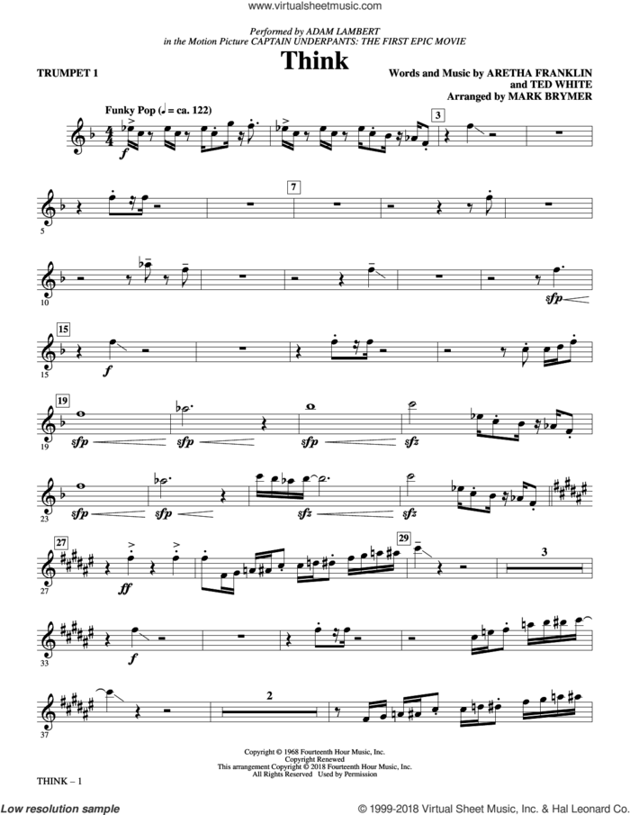 Think (from Captain Underpants: The First Epic Movie) (Arr. Mark Brymer) (complete set of parts) sheet music for orchestra/band by Mark Brymer, Adam Lambert, Aretha Franklin and Ted White, intermediate skill level