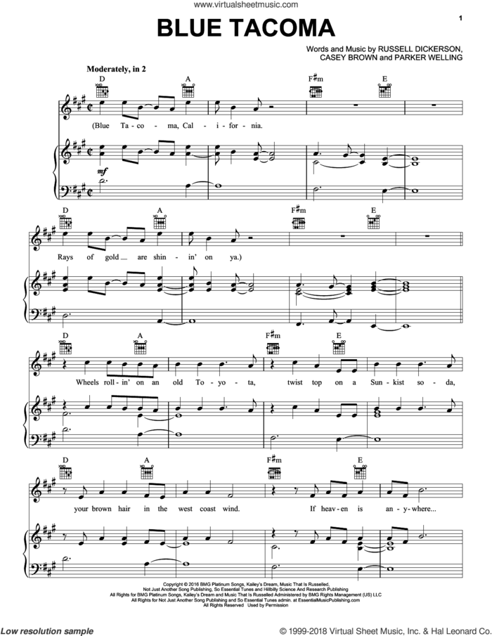 Blue Tacoma sheet music for voice, piano or guitar by Russell Dickerson, Casey Brown and Parker Welling, intermediate skill level