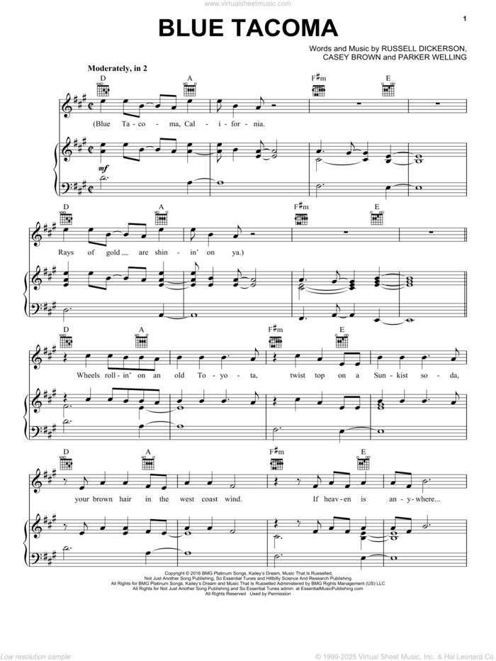 Blue Tacoma sheet music for voice, piano or guitar by Russell Dickerson, Casey Brown and Parker Welling, intermediate skill level