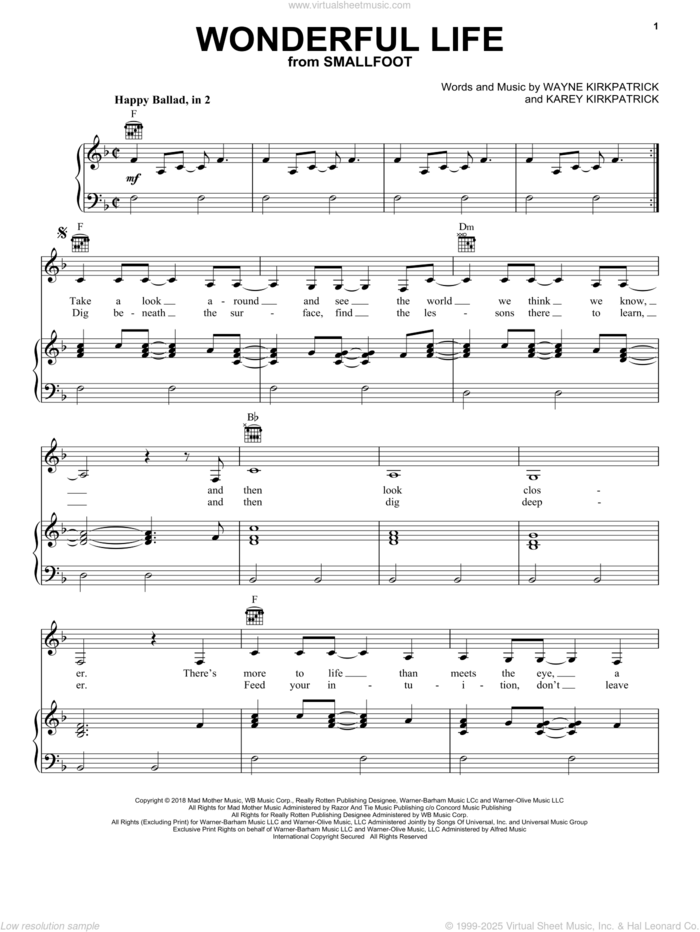 Wonderful Life (from Smallfoot) sheet music for voice, piano or guitar by Zendaya, Karey Kirkpatrick and Wayne Kirkpatrick, intermediate skill level