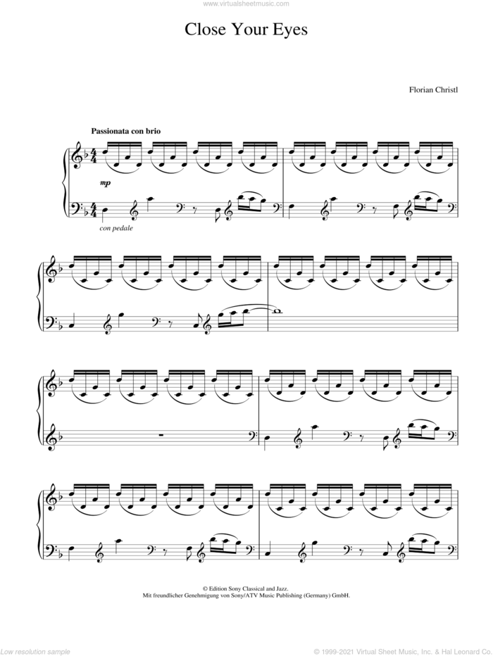 Close Your Eyes sheet music for piano solo by Florian Christl, classical score, intermediate skill level