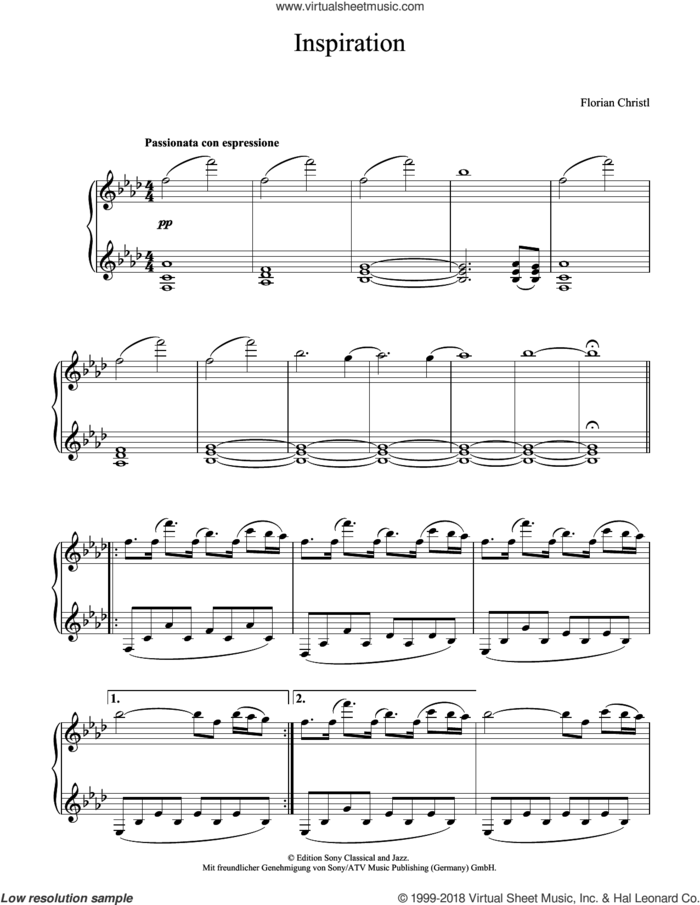 Inspiration sheet music for piano solo by Florian Christl, classical score, intermediate skill level