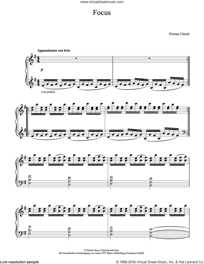 Focus sheet music for piano solo by Florian Christl, classical score, intermediate skill level