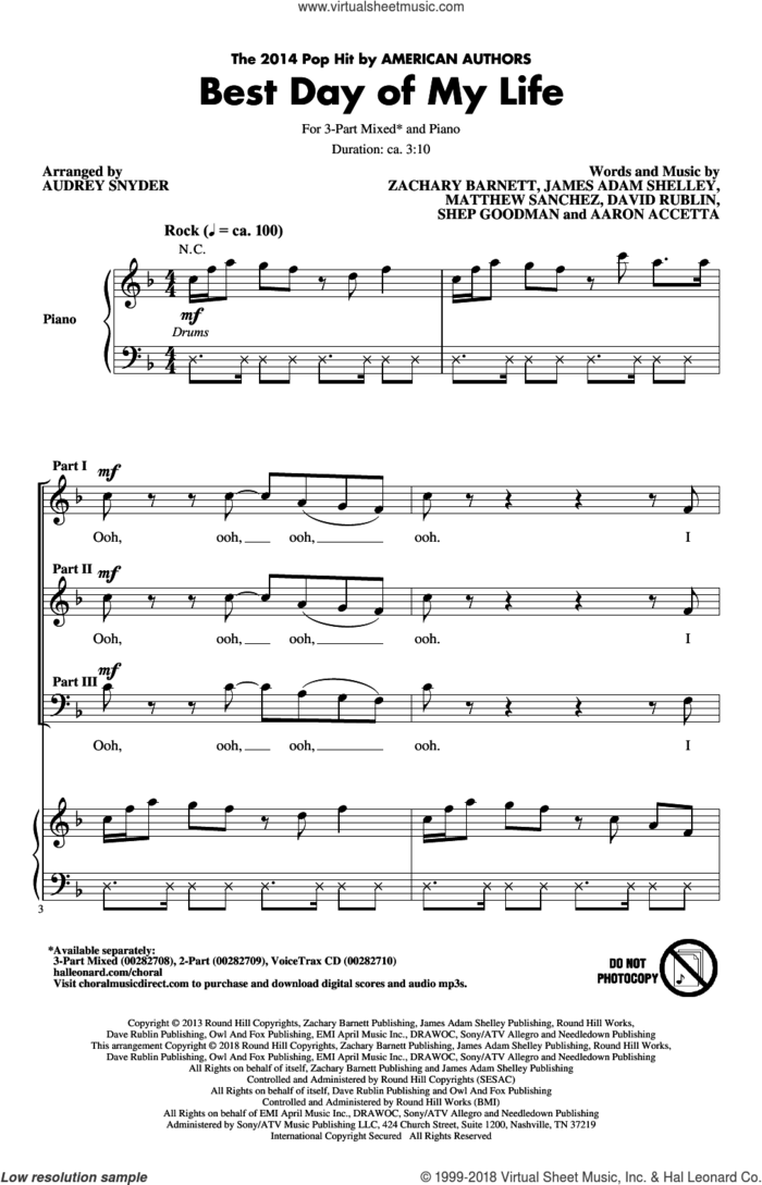 Best Day Of My Life (Arr. Audrey Snyder) sheet music for choir (3-Part Mixed) by American Authors and Audrey Snyder, intermediate skill level