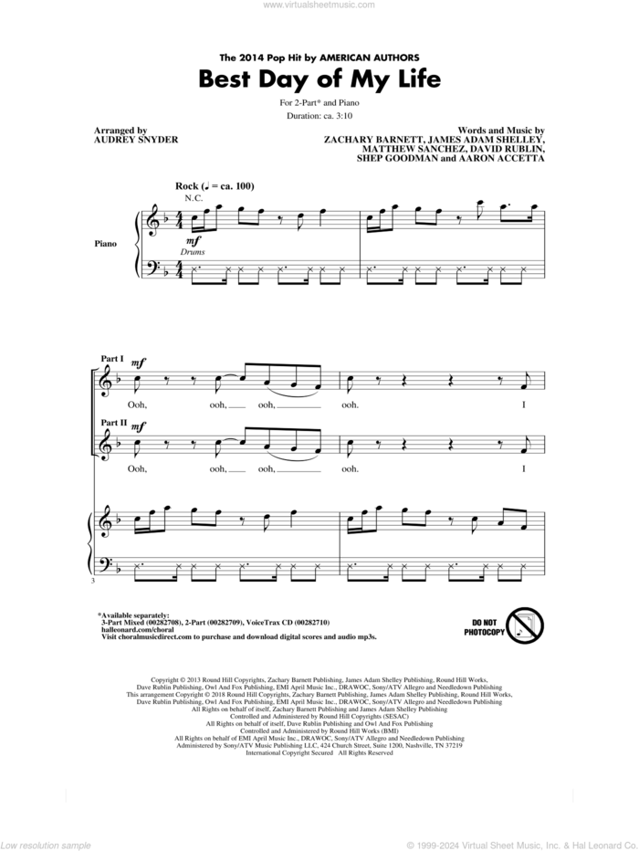 Best Day Of My Life (arr. Audrey Snyder) sheet music for choir (2-Part) by American Authors and Audrey Snyder, intermediate duet