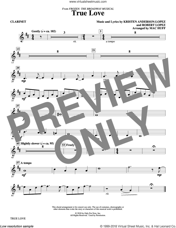 True Love (from Frozen: the Broadway Musical) (Arr. Mac Huff) sheet music for orchestra/band (clarinet) by Kristen Anderson-Lopez & Robert Lopez, Mac Huff, Kristen Anderson-Lopez and Robert Lopez, intermediate skill level