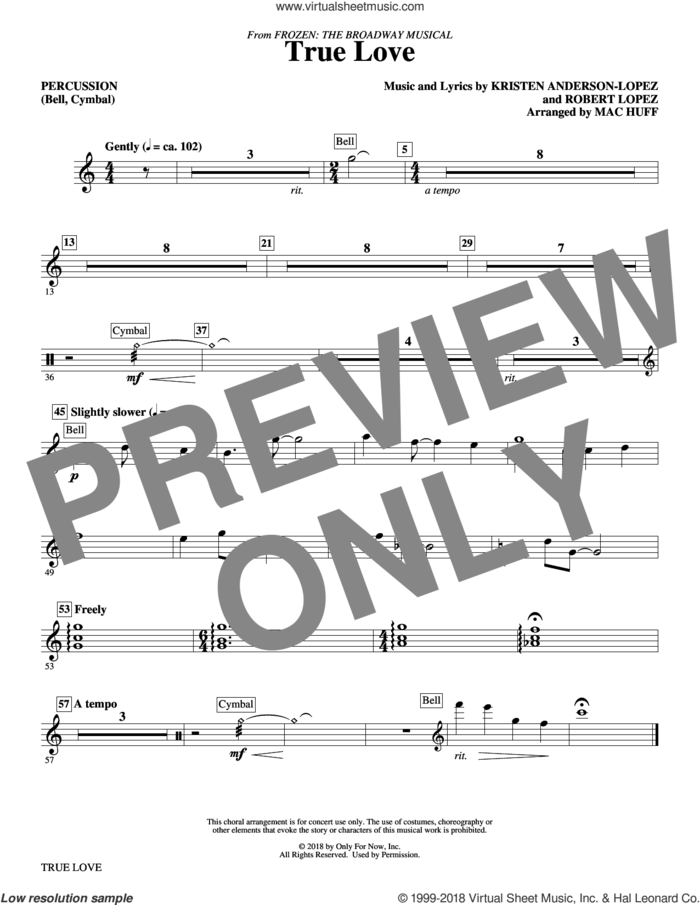 True Love (from Frozen: the Broadway Musical) (Arr. Mac Huff) sheet music for orchestra/band (percussion) by Kristen Anderson-Lopez & Robert Lopez, Mac Huff, Kristen Anderson-Lopez and Robert Lopez, intermediate skill level