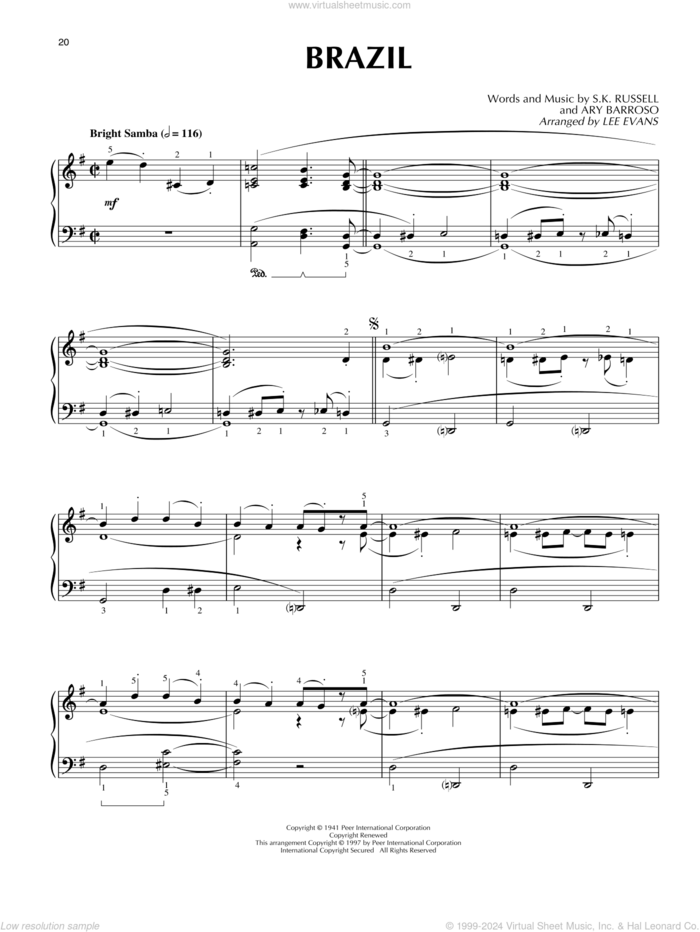 Brazil, (intermediate) sheet music for piano solo by Ary Barroso, Lee Evans, The Ritchie Family and S.K. Russell, intermediate skill level