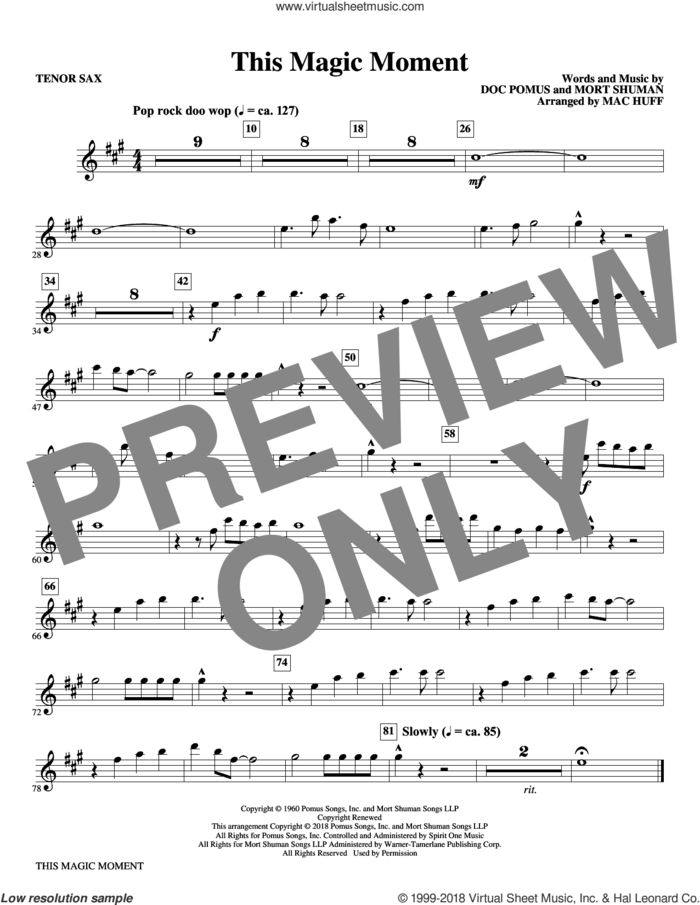 This Magic Moment (Arr. Mac Huff) sheet music for orchestra/band (Bb tenor saxophone) by Ben E. King & The Drifters, Mac Huff, Jay & The Americans, Doc Pomus and Mort Shuman, wedding score, intermediate skill level