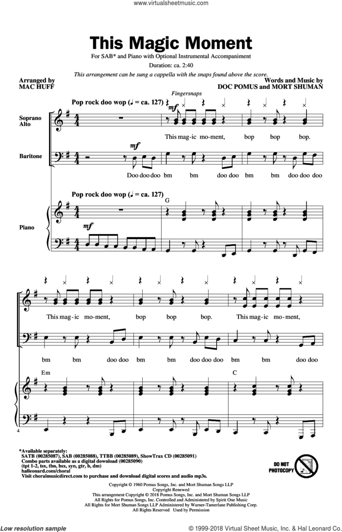 This Magic Moment (arr. Mac Huff) sheet music for choir (SAB: soprano, alto, bass) by Ben E. King & The Drifters, Mac Huff, Jay & The Americans, Doc Pomus and Mort Shuman, wedding score, intermediate skill level