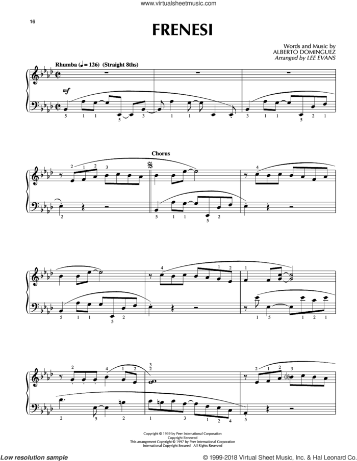 Frenesi, (intermediate) sheet music for piano solo by Alberto Dominguez, Lee Evans and Artie Shaw, intermediate skill level