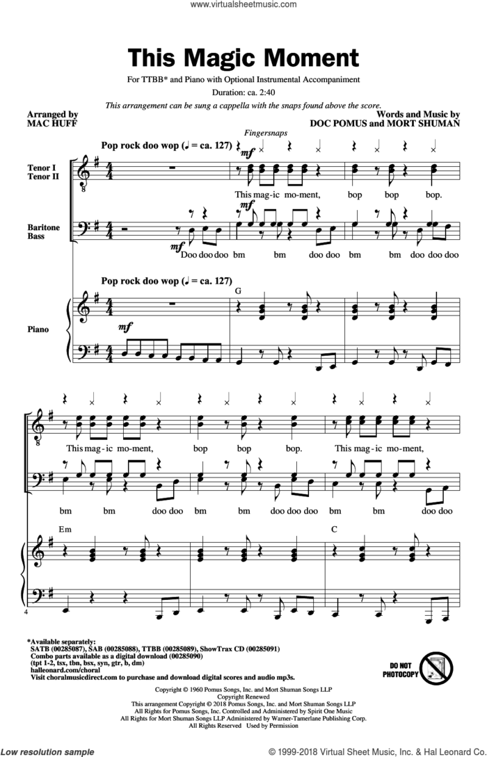 This Magic Moment (arr. Mac Huff) sheet music for choir (TTBB: tenor, bass) by Ben E. King & The Drifters, Mac Huff, Jay & The Americans, Doc Pomus and Mort Shuman, wedding score, intermediate skill level