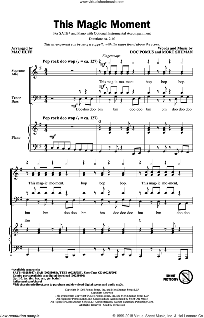 This Magic Moment (arr. Mac Huff) sheet music for choir (SATB: soprano, alto, tenor, bass) by Ben E. King & The Drifters, Mac Huff, Jay & The Americans, Doc Pomus and Mort Shuman, wedding score, intermediate skill level