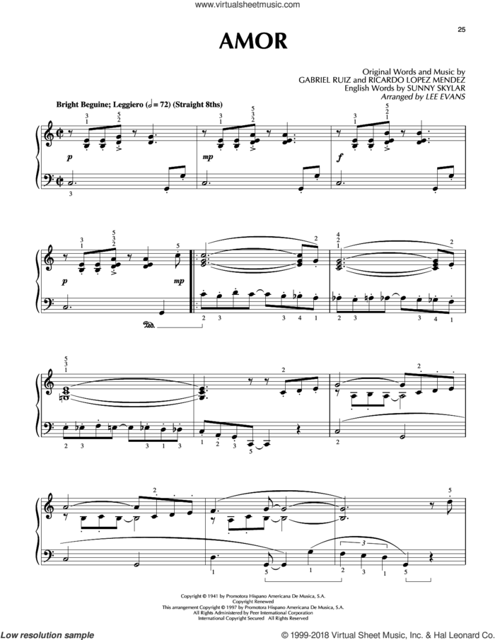 Amor (Amor, Amor, Amor) sheet music for piano solo by Norman Newell, Lee Evans, Ben E. King, Gabriel Ruiz and Ricardo Lopez Mendez, intermediate skill level
