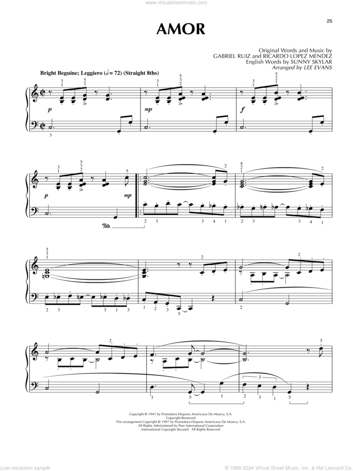 Amor (Amor, Amor, Amor) sheet music for piano solo by Norman Newell, Lee Evans, Ben E. King, Gabriel Ruiz and Ricardo Lopez Mendez, intermediate skill level