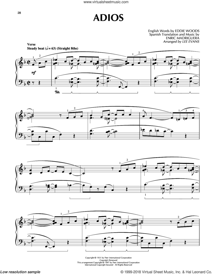 Adios sheet music for piano solo by Enric Madriguera, Lee Evans, Glenn Miller, Madriguera Band and Eddie Woods (English), intermediate skill level