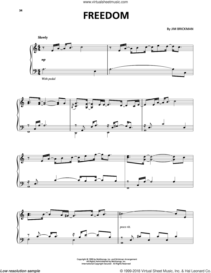 Freedom sheet music for piano solo by Jim Brickman, intermediate skill level