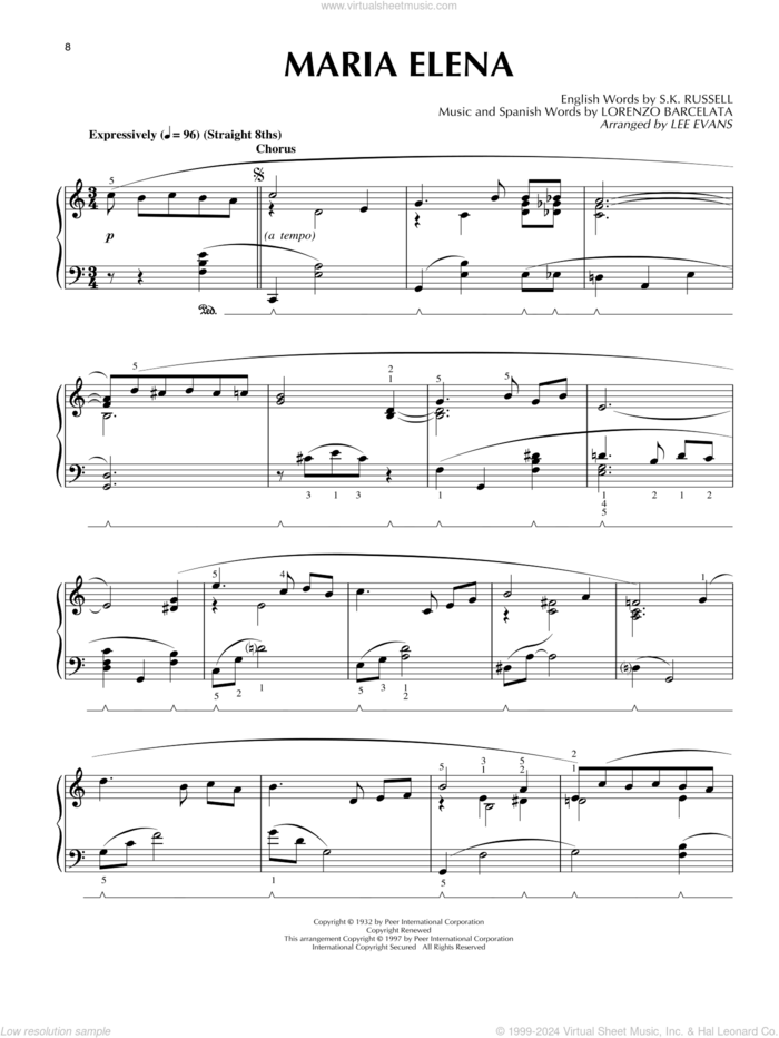 Maria Elena, (intermediate) sheet music for piano solo by Lorenzo Barcelata, Lee Evans, Indios Trabajaras and S.K. Russell, intermediate skill level