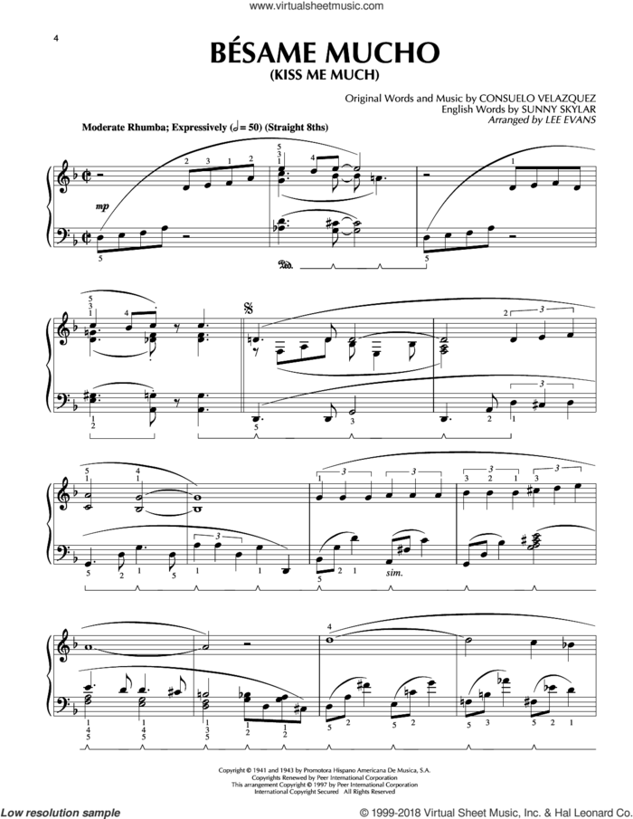 Besame Mucho (Kiss Me Much) sheet music for piano solo by Consuelo Velazquez, Lee Evans, The Beatles and The Coasters, intermediate skill level