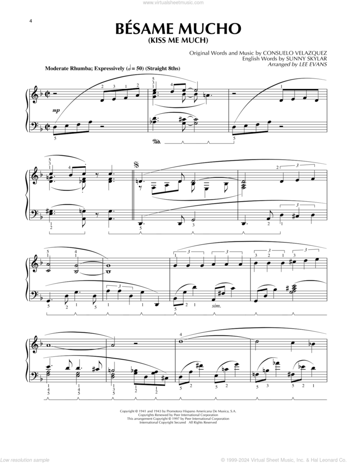 Besame Mucho (Kiss Me Much), (intermediate) (Kiss Me Much) sheet music for piano solo by Consuelo Velazquez, Lee Evans, The Beatles and The Coasters, intermediate skill level