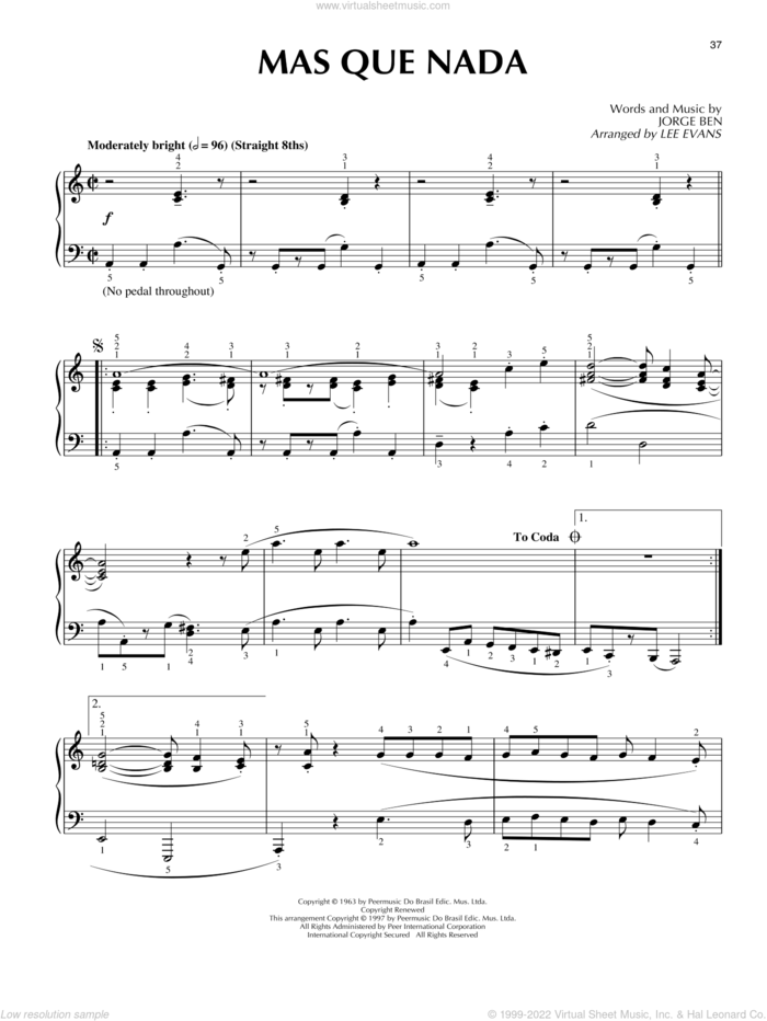 Mas Que Nada sheet music for piano solo by Jorge Ben, Lee Evans and Sergio Mendes, intermediate skill level