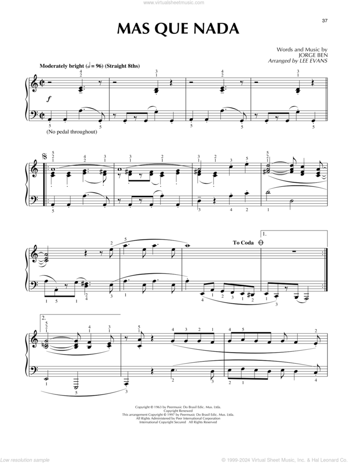 Mas Que Nada sheet music for piano solo by Jorge Ben, Lee Evans and Sergio Mendes, intermediate skill level