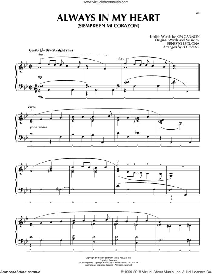 Always In My Heart (Siempre En Mi Corazon) sheet music for piano solo by Kim Gannon, Lee Evans, Glenn Miller and Ernesto Lecuona, intermediate skill level
