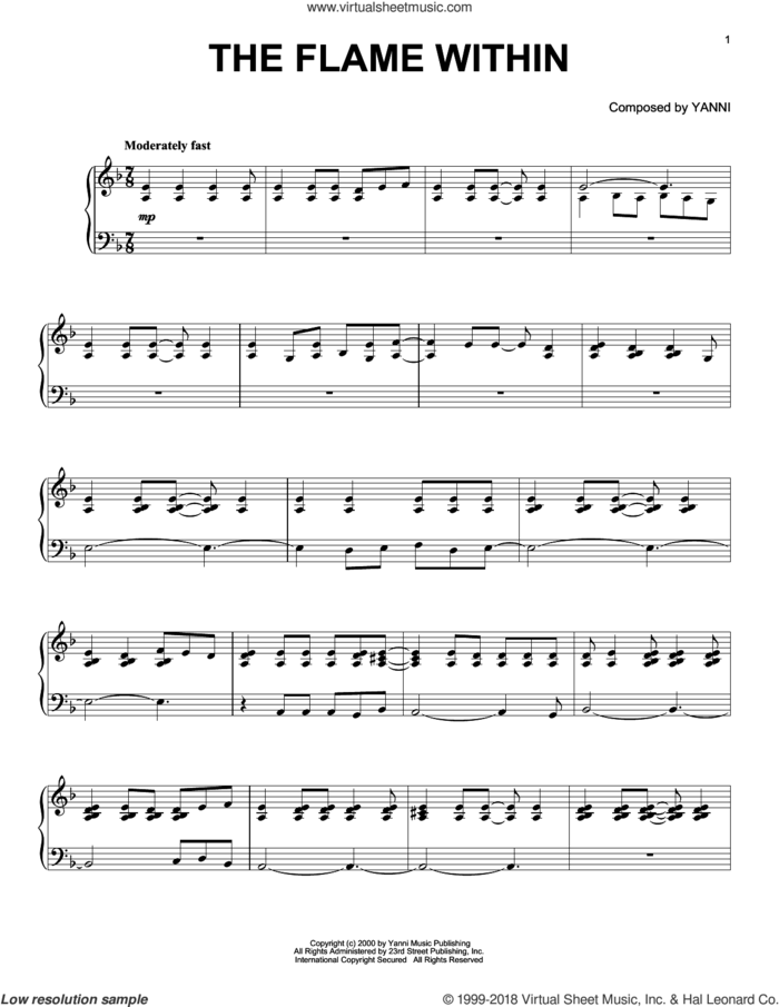 The Flame Within sheet music for piano solo by Yanni, intermediate skill level