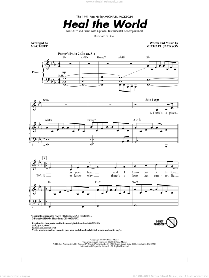 Heal The World (Arr. Mac Huff) sheet music for choir (SAB: soprano, alto, bass) by Michael Jackson and Mac Huff, intermediate skill level