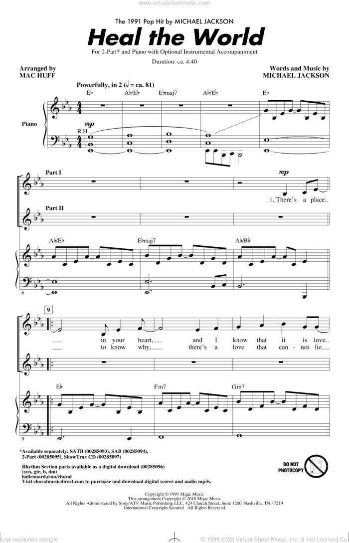 Heal The World (arr. Mac Huff) sheet music for choir (2-Part) by Michael Jackson and Mac Huff, intermediate duet