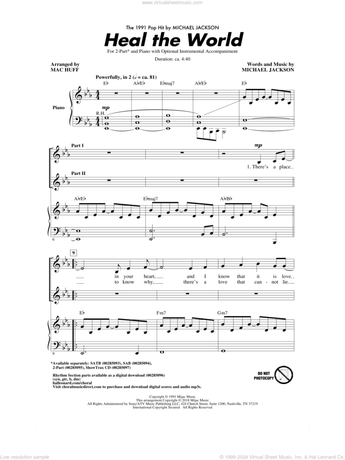 Heal The World (arr. Mac Huff) sheet music for choir (2-Part) by Michael Jackson and Mac Huff, intermediate duet