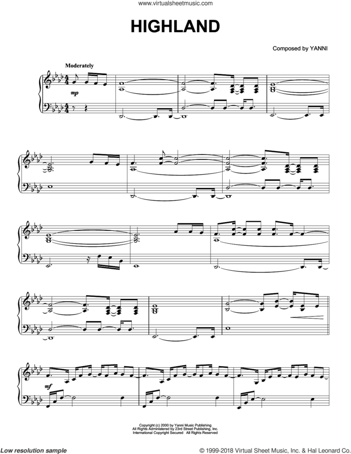 Highland sheet music for piano solo by Yanni, intermediate skill level
