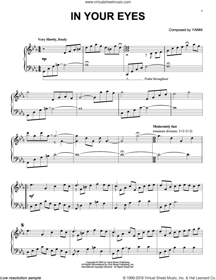 In Your Eyes sheet music for piano solo by Yanni, intermediate skill level