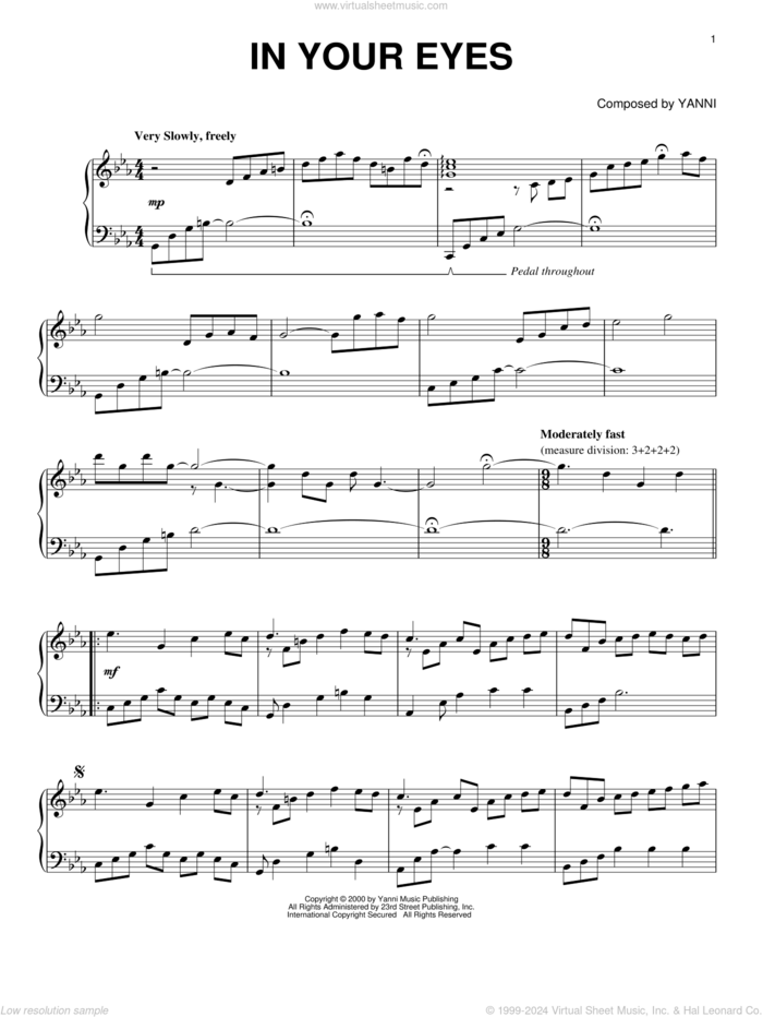 In Your Eyes sheet music for piano solo by Yanni, intermediate skill level