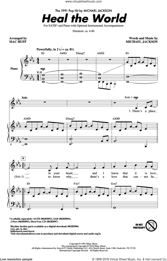 Heal The World (arr. Mac Huff) sheet music for choir (SATB: soprano, alto, tenor, bass) by Michael Jackson and Mac Huff, intermediate skill level