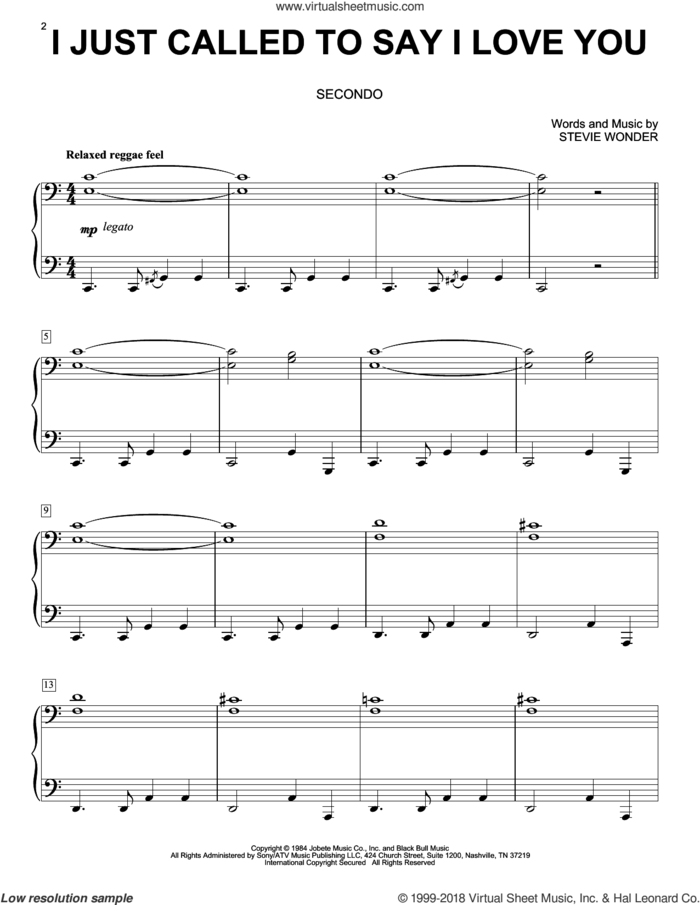 I Just Called To Say I Love You sheet music for piano four hands by Stevie Wonder, intermediate skill level