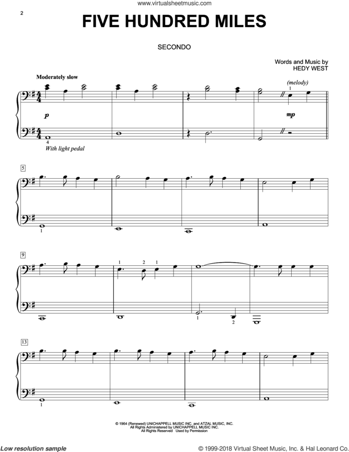 Five Hundred Miles sheet music for piano four hands by Peter, Paul & Mary and Hedy West, intermediate skill level